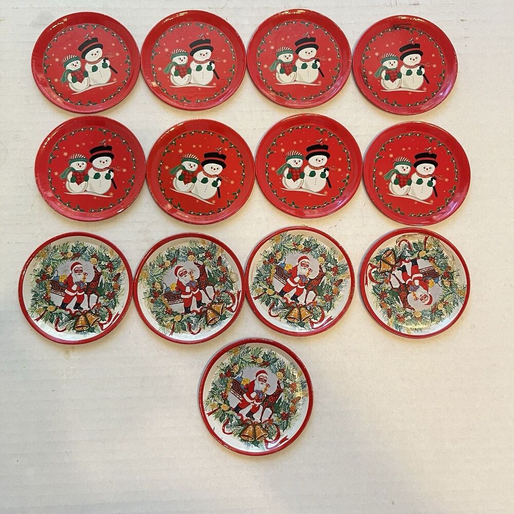 Vintage Tin Christmas Tree Coasters Set of 13 Retro Red Snowman Santa